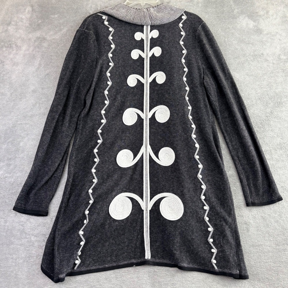 ZOZO L Open Front Ruffle Cardigan Sweater Charcoal Striped Trim Boho Art to Wear